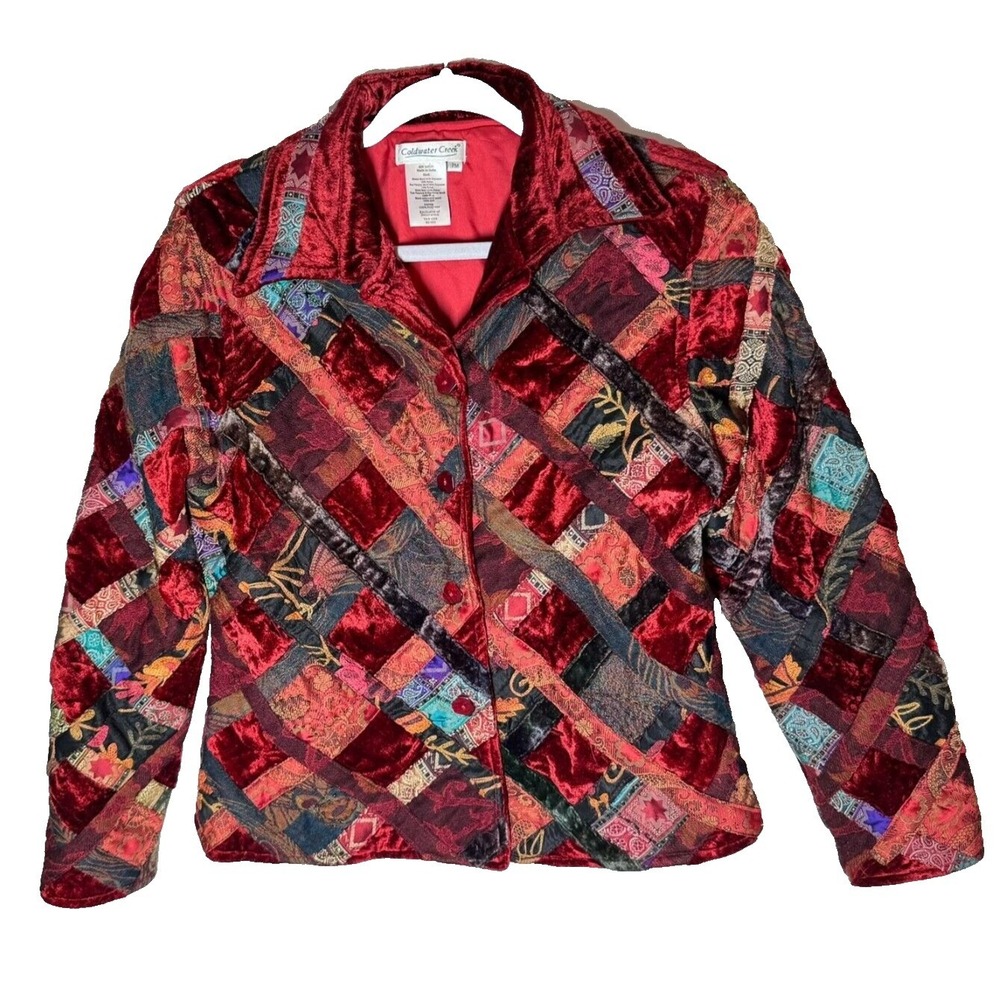 Velvet Boho‎ Patchwork Jacket Sz M Petite Red Quilted Cottage Blazer Art Artsy